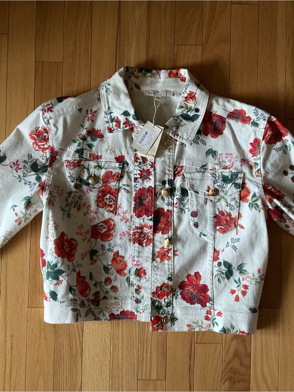 New - Maje • White Viflor Floral Rose Print Gold Button Denim Jean Jacket
